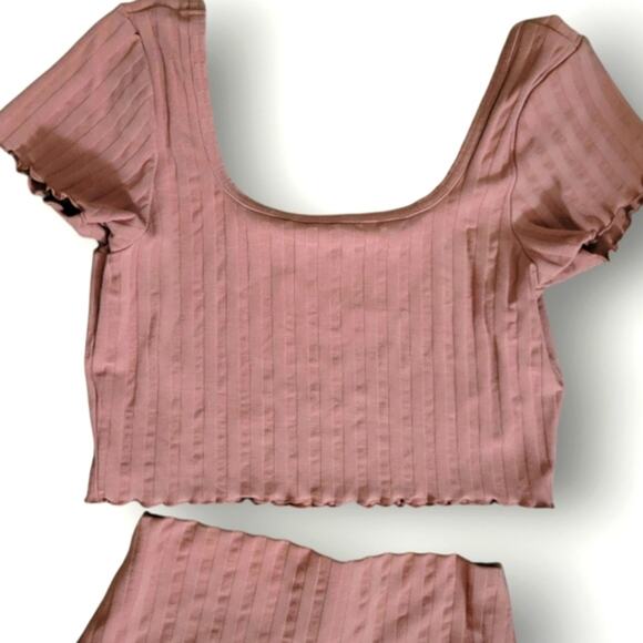 Aerie Offline 2 Piece Workout Set Size Large L Pink Top Shorts Ribbed Stretch - Picture 5 of 7